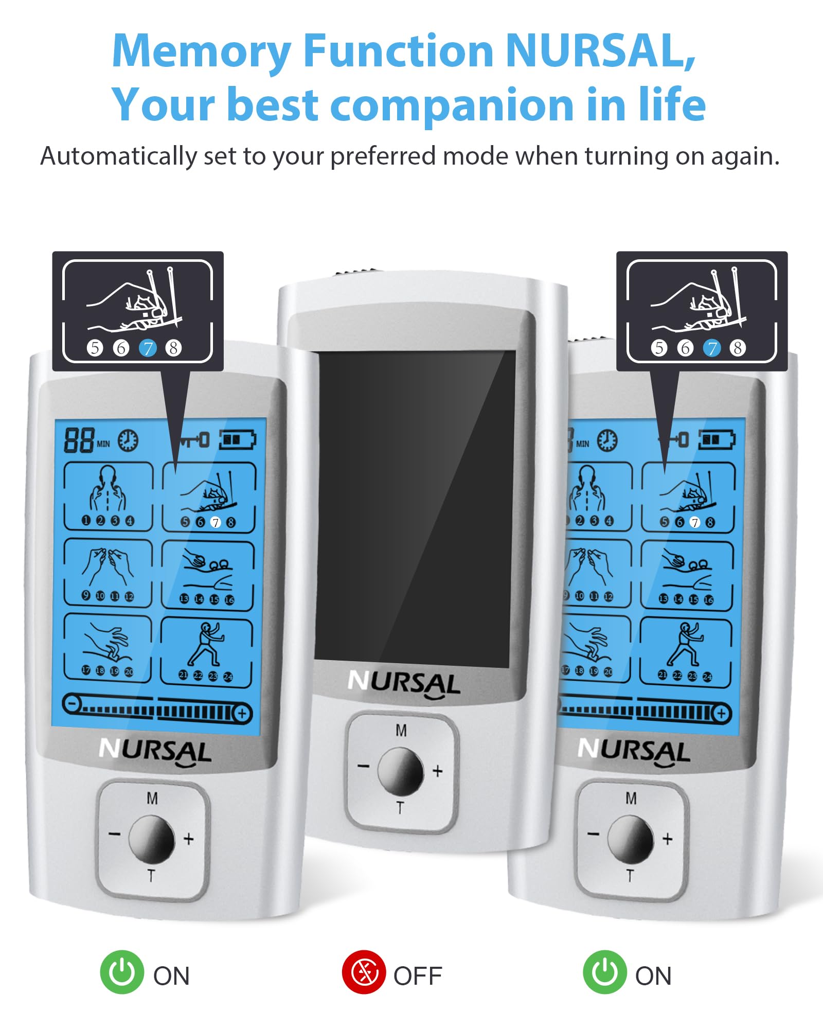 NURSAL 24 Modes TENS Unit Muscle Stimulator for Pain Relief, Rechargeable Electronic Pulse Massager, 8 Pcs Pads, Drug-Free Pain Relief for Shoulder, Back, Muscle, ABS Pads Holder — Amazon image 3
