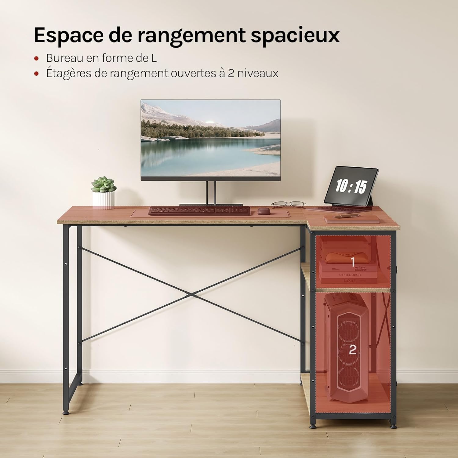 Close-up of the WOLTU L-shaped desk surface, highlighting the E1 quality panel and its resistance to scratches and deformation, with images showing water resistance and scratch resistance.