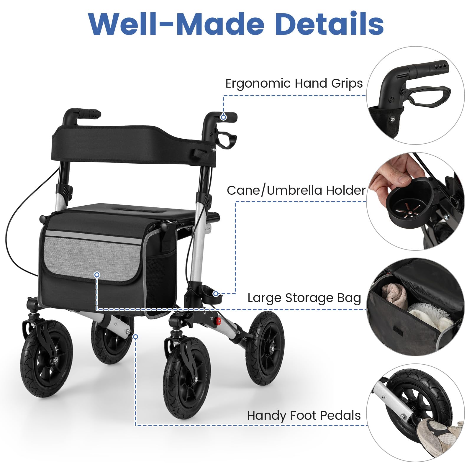HOMASIS Andador plegable y ligero 2 en 1 para silla de ruedas, con asiento, 7 alturas ajustables, carrito de aluminio para personas mayores, andador de viaje con soporte para bastones, bolsa, hasta