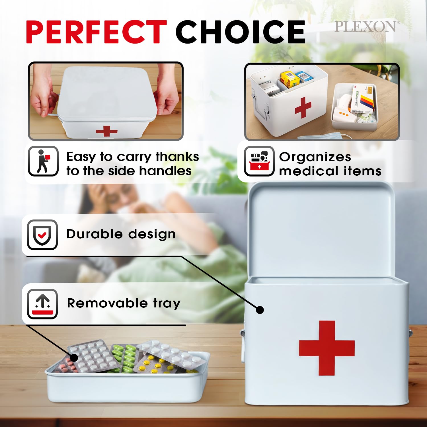 Plexon Contenitore per forniture di primo soccorso, scatola di latta in metallo da 21,6 cm, organizer per pronto soccorso, kit di pronto soccorso bianco