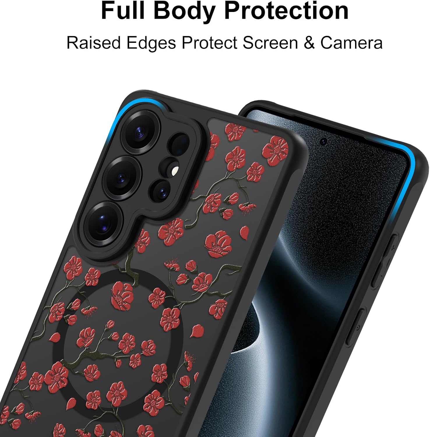 MZELQ Magnetic Case for Samsung Galaxy S26 Ultra, Red Plum Bossom Floral [Compatible with Magsafe Charging] Translucent Matte Hard Shockproof Camera Protection Cover for Women Men, Frosted Black