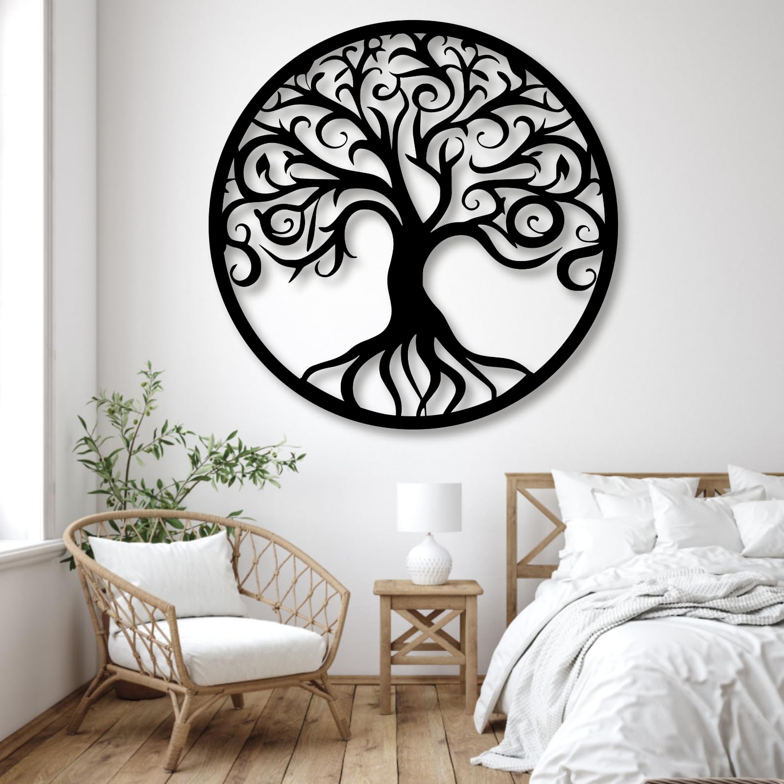 Nowoczesna minimalistyczna metalowa sztuka ścienna, dekoracja, drzewo życia, do salonu, sypialni, jadalni, biura (70 x 70 cm, styl 8)