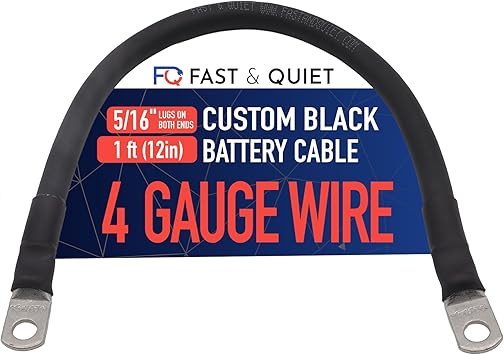 4 AWG Battery Cable with Battery Terminals, Pure Copper Wire, Automotive, Solar Power Inverter, Welding, Golf Cart, Lawn Mower, Motorcycle (Black Wire, 1 FT (12 in), 5/16" Lugs on Both Ends, 1pc)