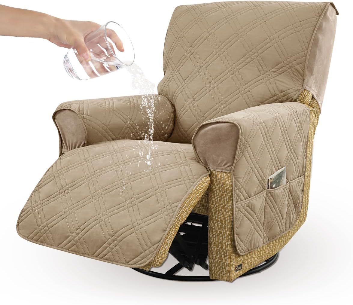 100% Waterproof Recliner Chair Covers,1-Piece Couch Covers for Reclining Chair/Sofa Covers Washable Furniture Protector with Elastic Straps Pocket for Kids, Pets (Khaki)