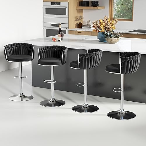 Miniatura 35 de Juego de 2 taburetes de bar dorados ABET, taburetes de bar de terciopelo giratorios, taburetes de altura ajustable con respaldo tejido, taburetes de