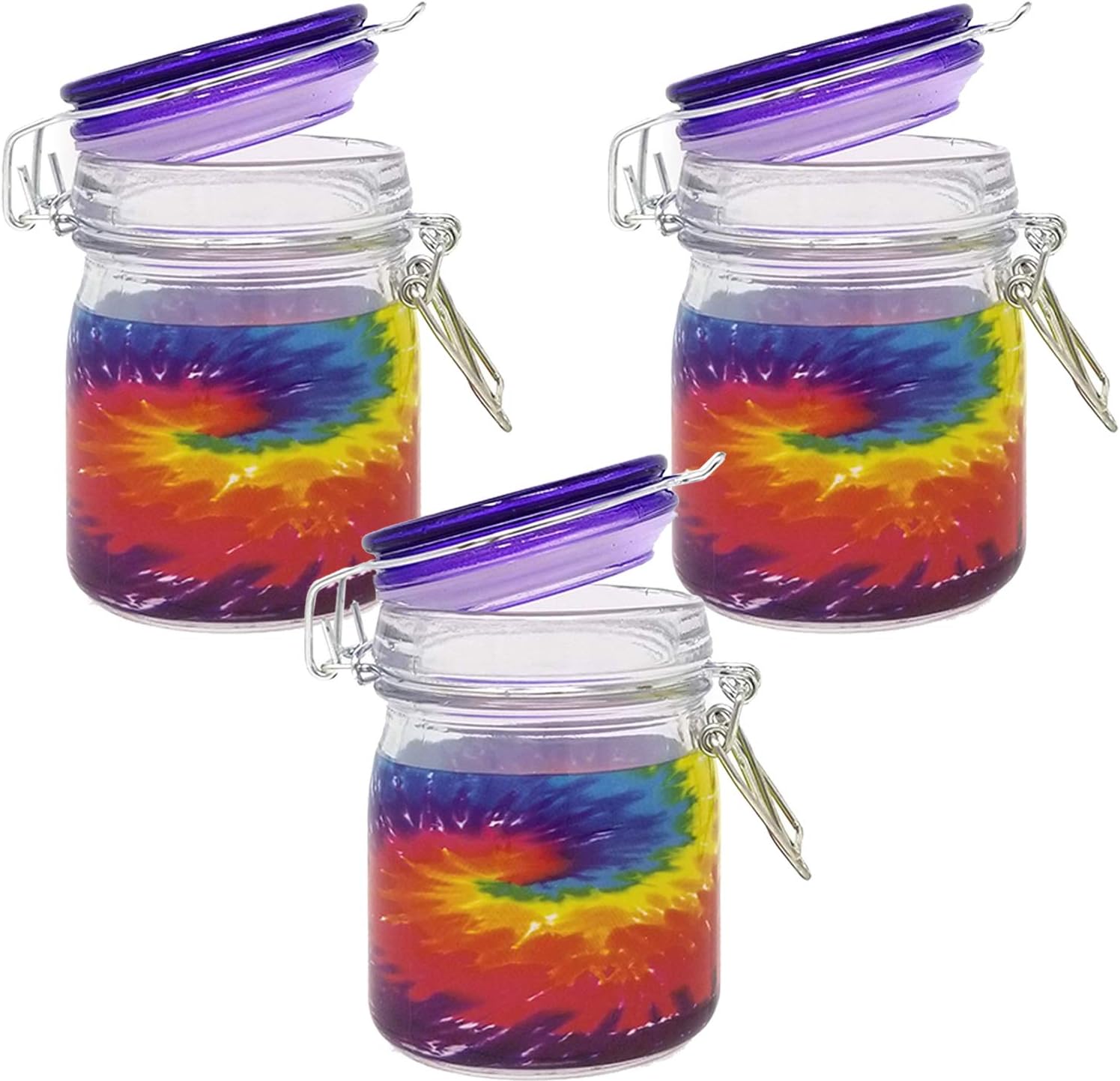 Airtight Glass Herb Stash Jar, 5oz Mason Style with Clamping Lid: Tie Dye Set of 3