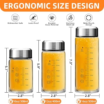 12oz Glass Juice Bottles with Lids 4-Pack, Wide Mouth Reusable Water Bottles for Juicing, Smoothies, Infused Water - Leakproof BPA Free Premium Clear Glass & Stainless Steel Lids, Fridge Safe