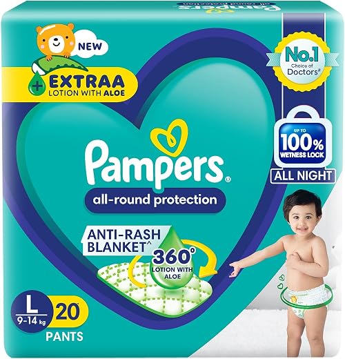 Pampers All round Protection Pants, Large size baby Diapers, (L) 20 Count,9-14 kg Lotion with Aloe Vera