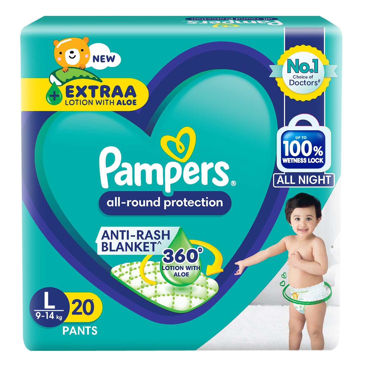 Pampers All round Protection Pants, Large size baby Diapers, (L) 20 Count,9-14 kg Lotion with Aloe Vera