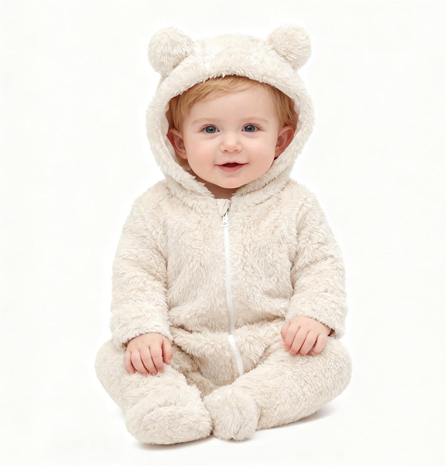 Baby Plush Long Sleeve Polar Fleece Jumpsuit With Bear Ears Baby Fleece Hooded Jumpsuit Infant Winter Outfit - Image 2