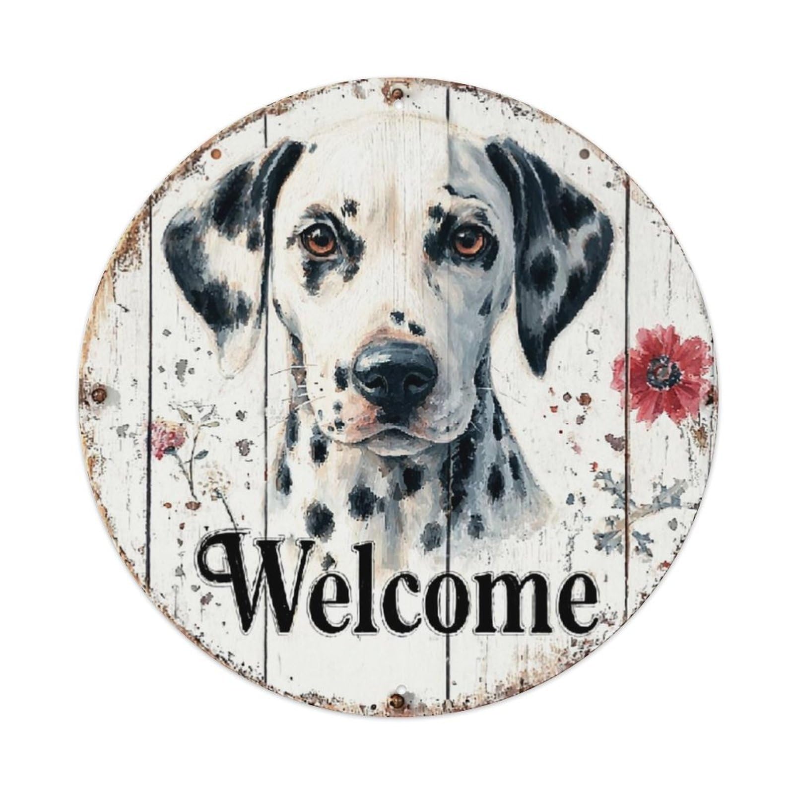 Dalmatian Dog Welcome Sign Vintage Metal Tin Sign Retro Wall Decor for Home Bar Garage Cafe, Indoor & Outdoor Decorative，circle Metal Poster, 8x8 Inch