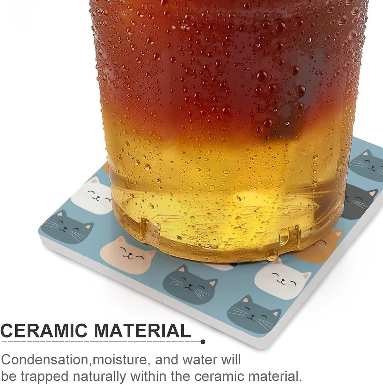 Cute Cat Ceramic Coasters Set Square Drink Coasters Table Coaster for Kitchen Desktop Decor