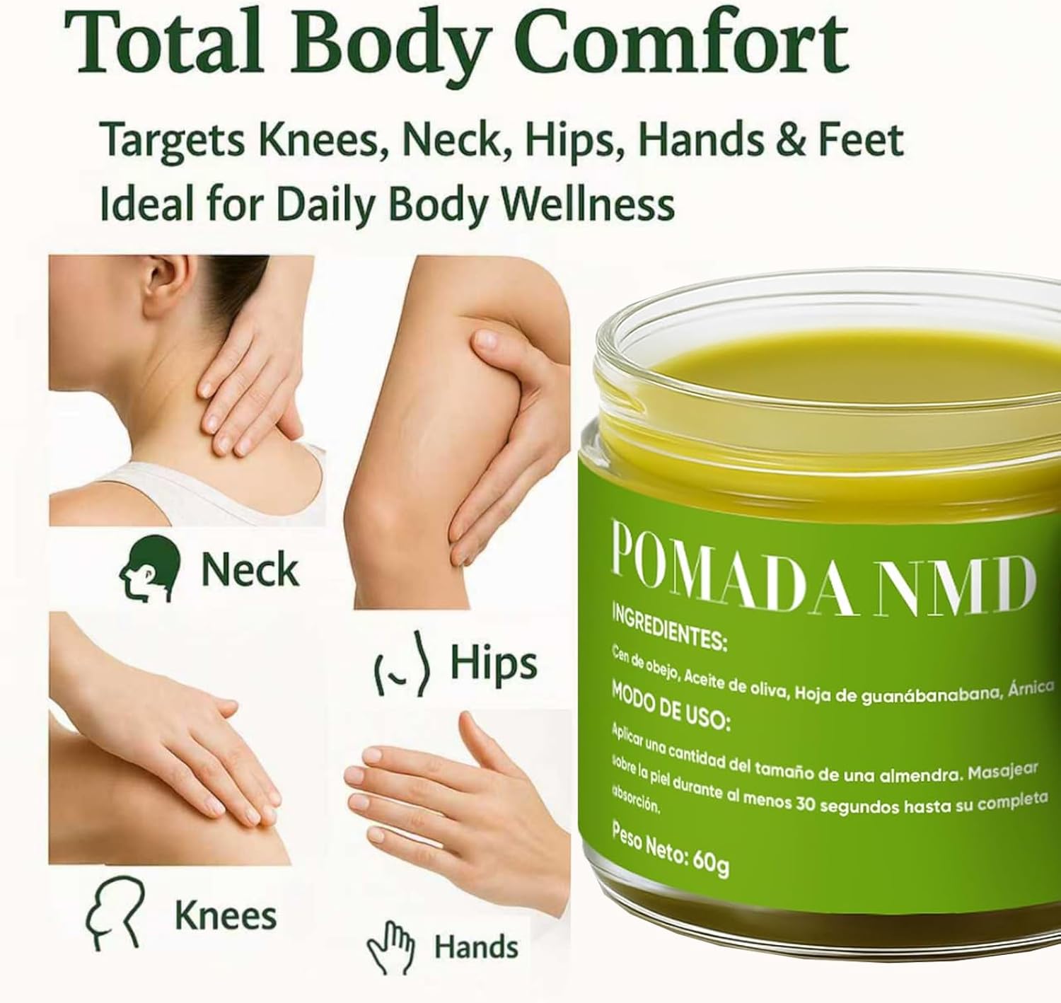 Pomada NMD, Pomada NMD para Dolor, Joint & Muscle Support Cream for Knee, Neck, Hip, Hands, Feet, with Soursop, Arnica, Olive Oil, Beeswax and Hemp Seed Oil, Non-Greasy 2oz Cream (1) - Image 3