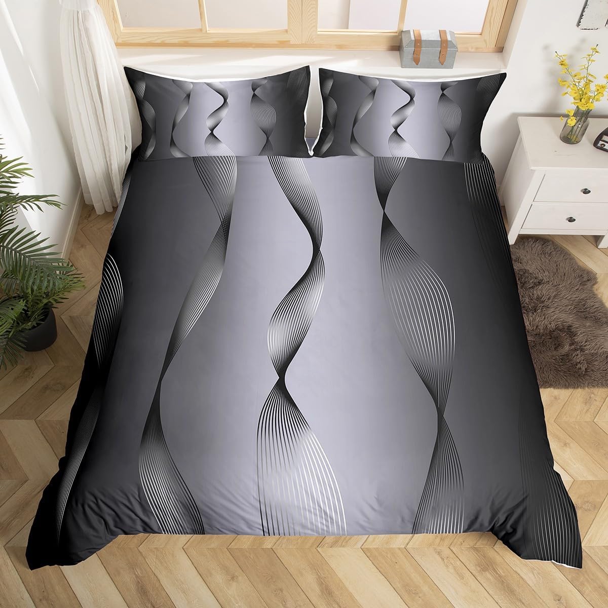 Erosebridal Gradient Black and Greyish White Duvet Cover Ombre Bedding Sets for Girls,Spiral Silver Print Wave Striped Pattern Queen Comforter Cover,Abstract Art Room Decor Aesthetic Black a