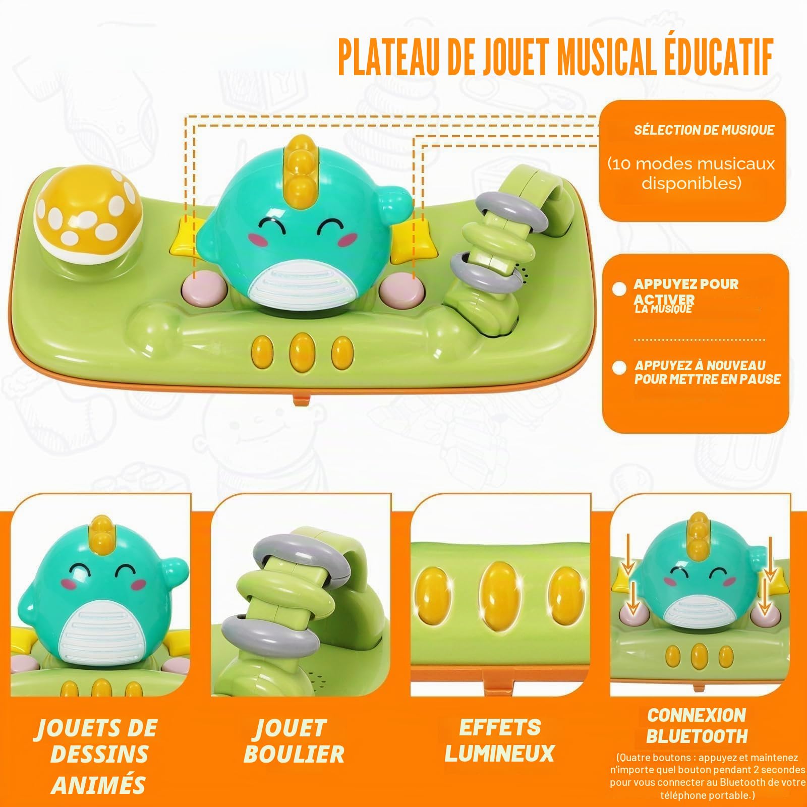 Trotteur pour Bébé Dinosaure Avec Jouets Musicaux,Repose-pieds,Hauteur Réglable,6 Roues Silencieuses À 360°,Avec Aide Au Freinage,Trotteur Adapté Aux Bébés À Partir De 0+