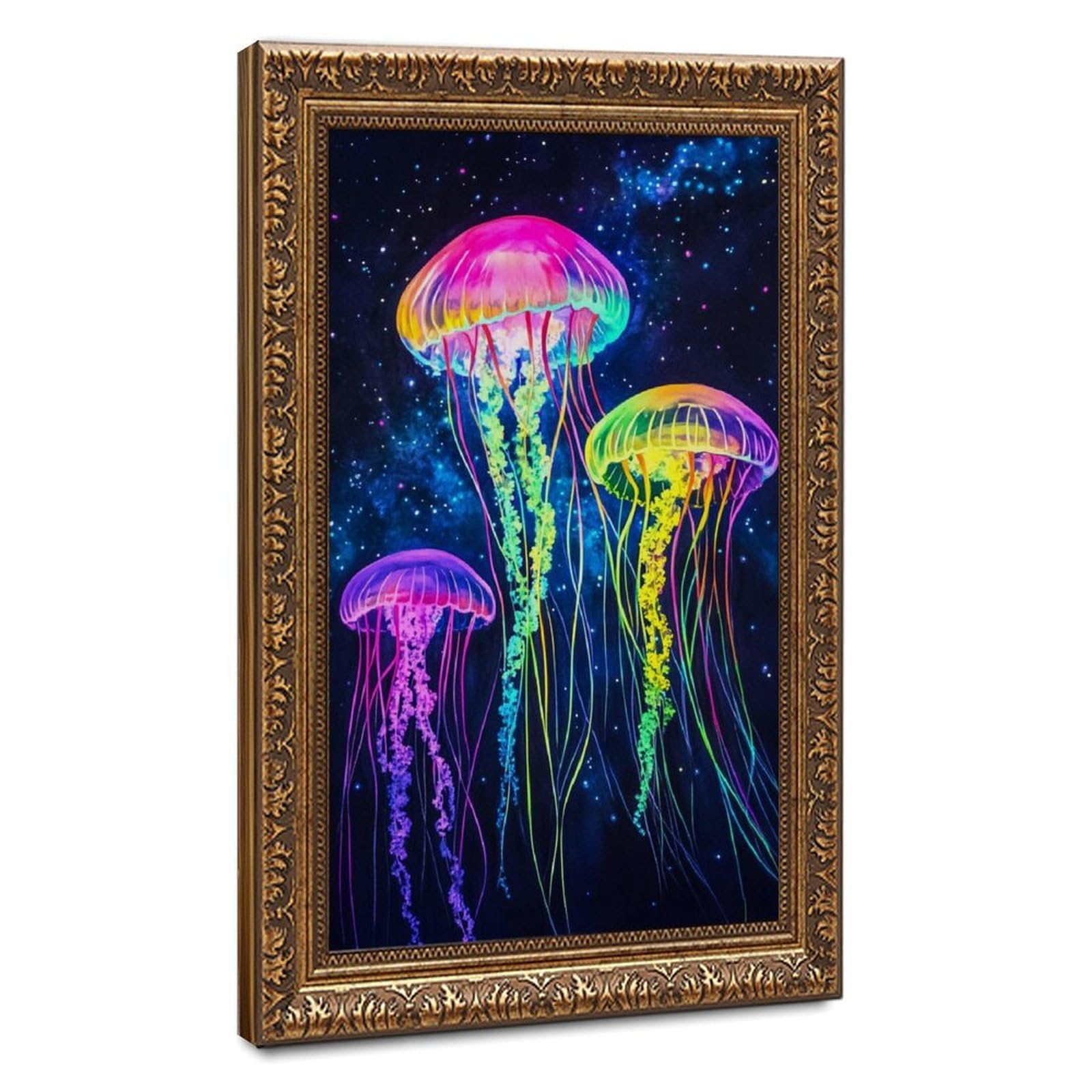 Pyberon Retro Gold Frame-Style Neon Glowing Jellyfish Canvas Poster For Dorm Room Decor Gift