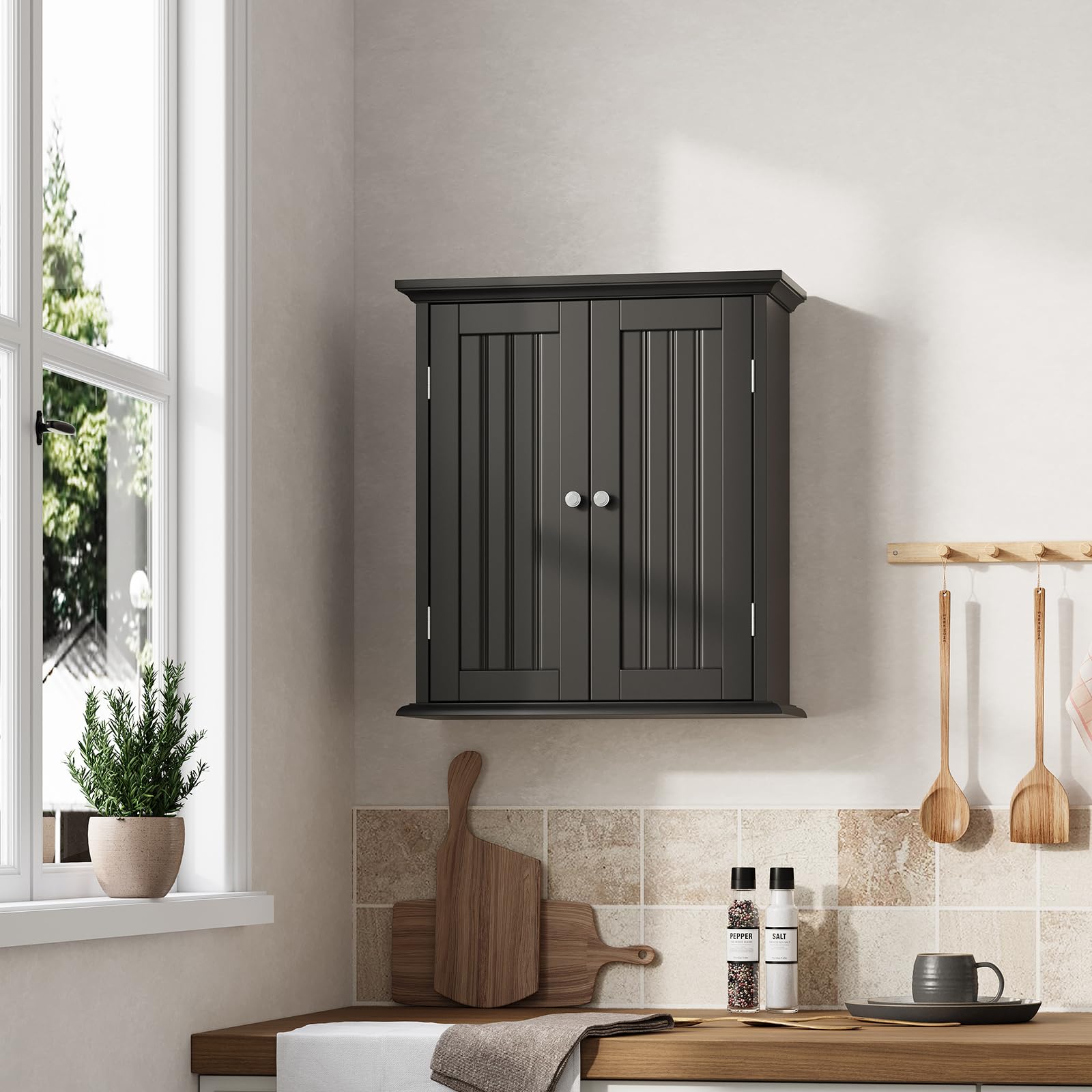 Mueble Baño Colgar Armario Pared Baño con 2 Puertas, Estante 3 Niveles Ajustable, Estilo Moderno, Ahorro Espacio para Baño, Cocina y Lavadero, Negro