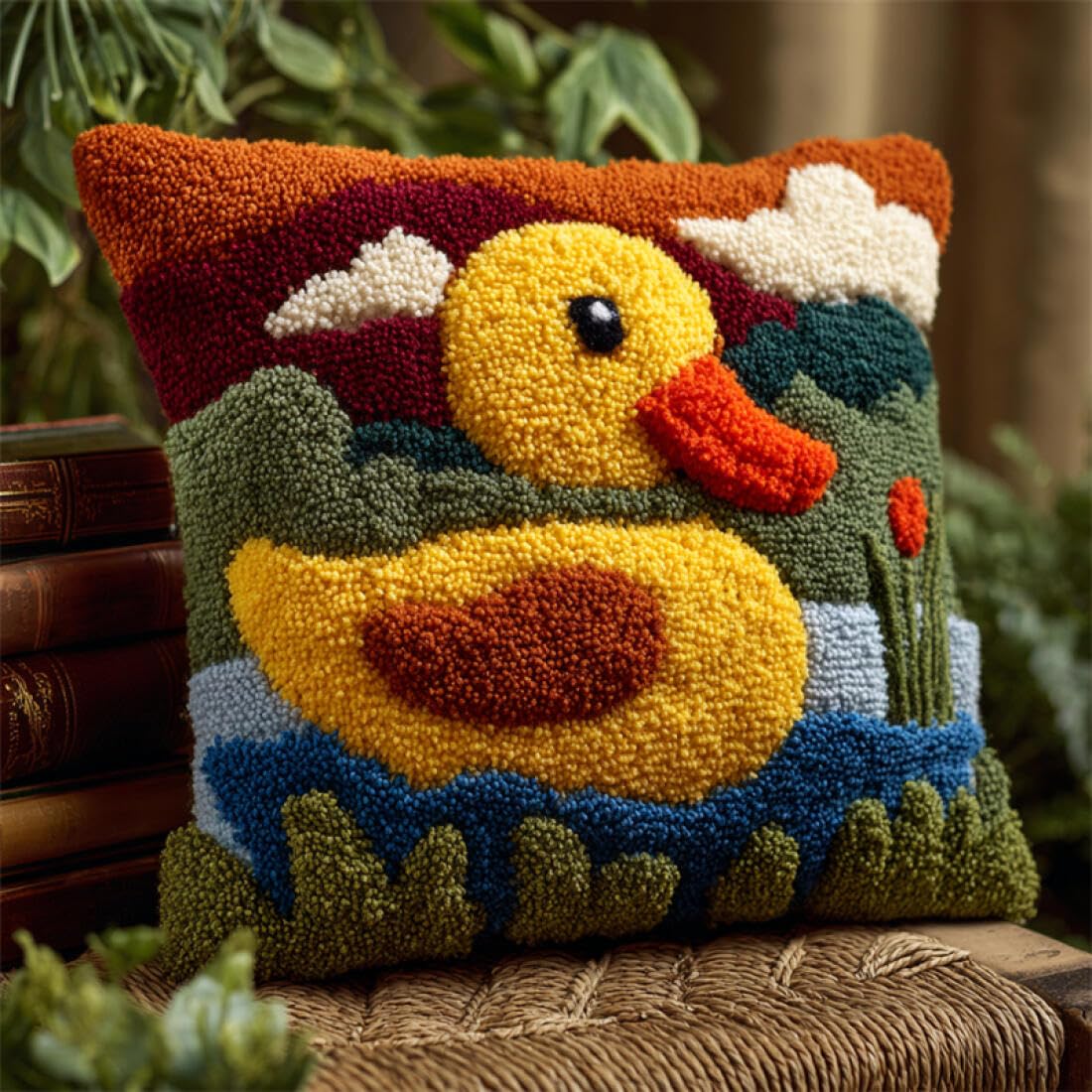 Kitquiver Animal DIY Craft Latch Hook Rug Kits Cartoon Duck Cushion Pillow Front Chunky Cross Stitch Kits DIY Embroidery Needlepoint Kit for Home Décor 17x17In