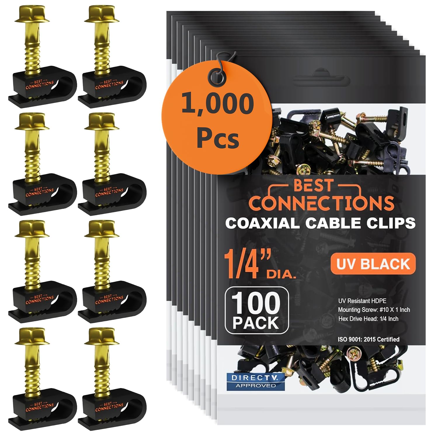 BEST CONNECTIONS Clips de cable coaxial con tornillo preinsertado (paquete de 1000) – Abrazaderas de montaje de cable único negro para cable coaxial (RG6, RG59) y cable Ethernet – Cierre de cable/clip
