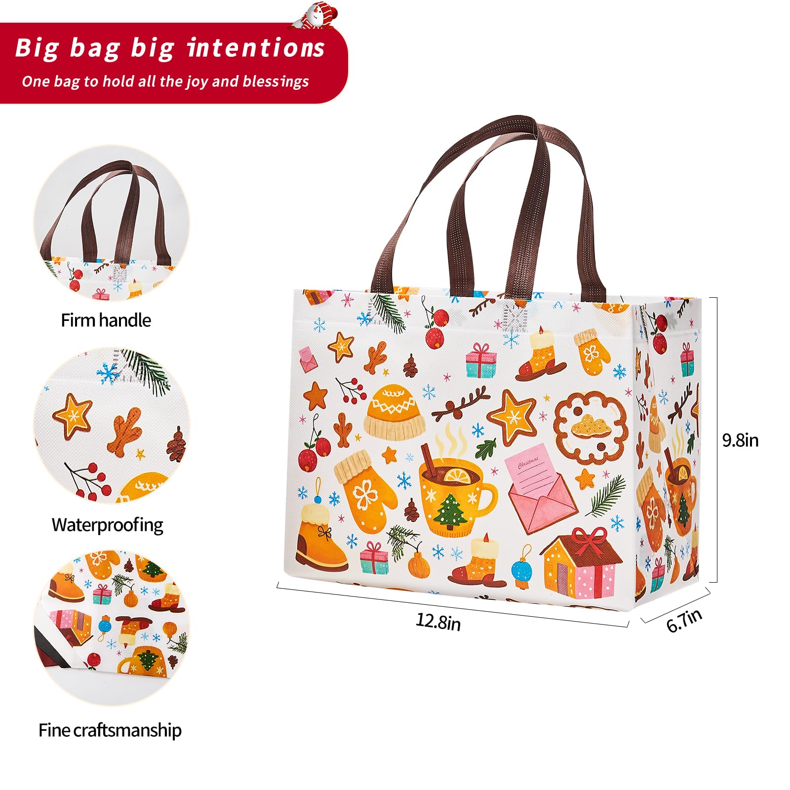 sishunhang 8PCS Christmas Gift Bags, Large Non-Woven Tote Bags with Handle For Christmas Event Party Wrapping Shopping, Xmas Party Supplies 12.8"*6.7"*9.8"