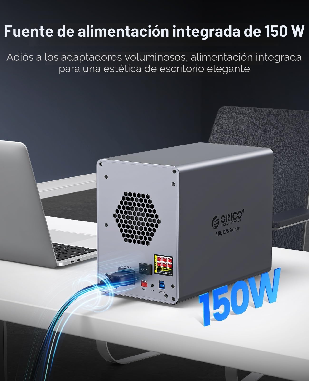 ORICO Caja de Aluminio Raid para 5 Discos Duros de 3,5 Pulgadas hasta 5X 22TB, Fuente de Alimentación de 150W Integrada, con Ventilador, Soporta Raid 0/1/5/10 (9858RU3)