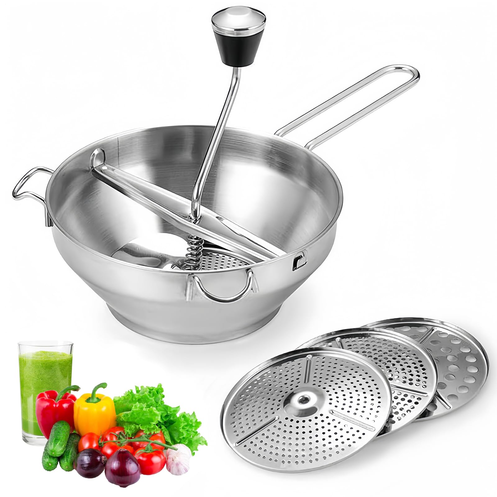 Passiergerät Edelstahl, Passiermühle mit 3x Siebeinsatz, Einfaches Mahlen, Kartoffelstampfer, Classic Manuelle Gemüsemühle, Suppe Marmelade Baby Brei Saucen, Besonders einfache Reinigung