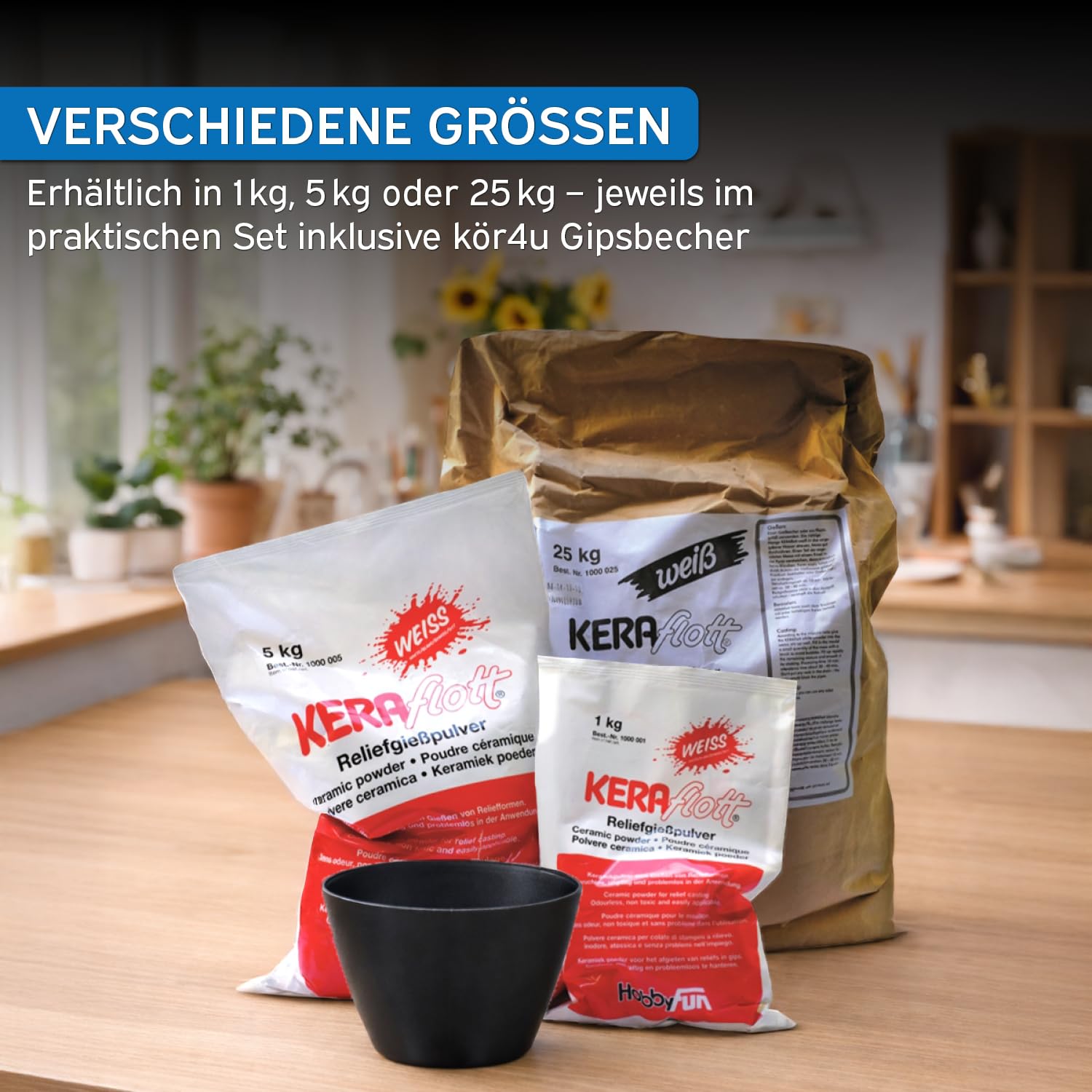 Keraflott Reliefgießpulver weiß 25kg, mit kör4u Gipsbecher, Gießen Basteln