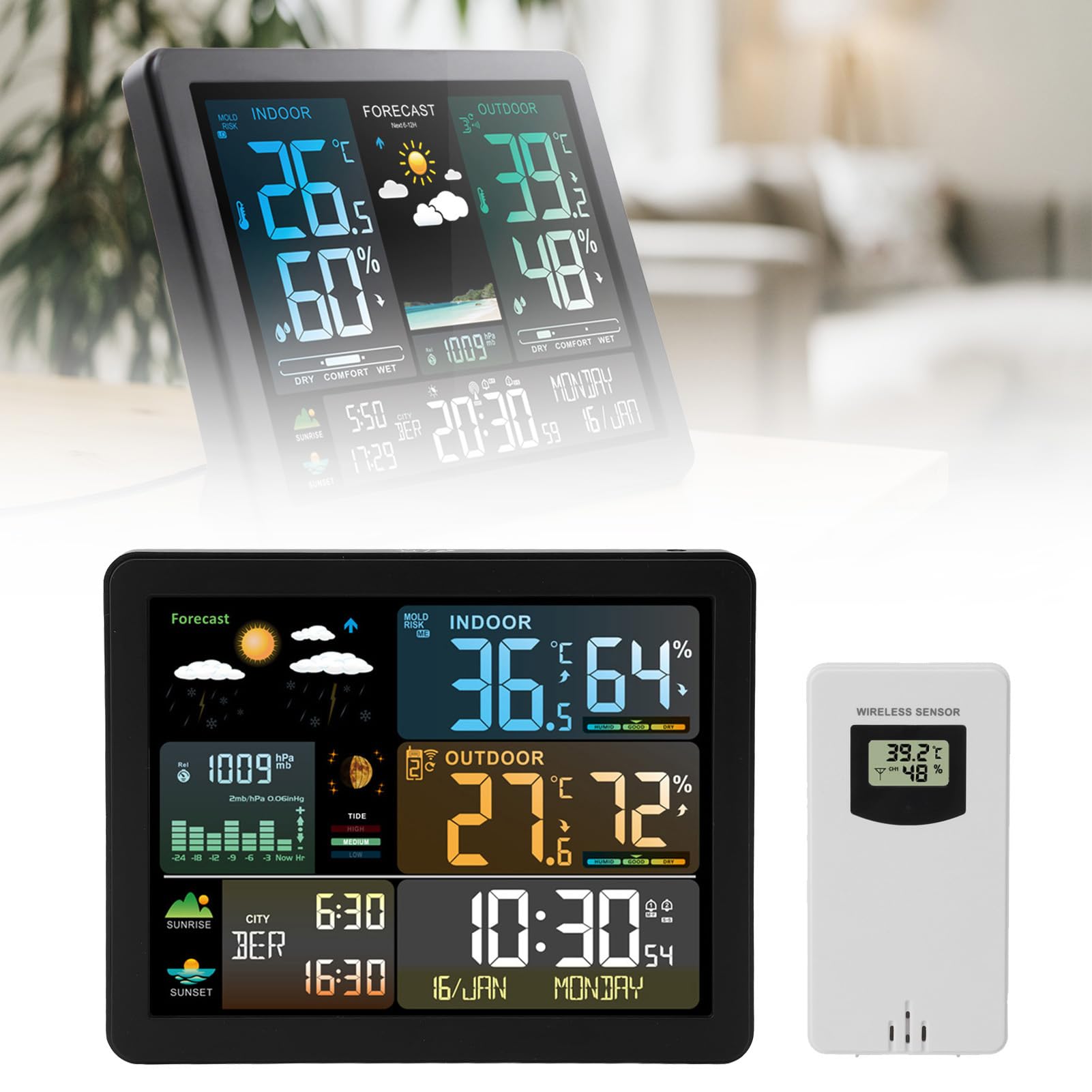 Asixxsix Drahtlose Wetterstation, Innen-Außenthermometer mit 6 Wettervorhersagen, Luftdrucktrends, Temperatur- und Luftfeuchtigkeitsaufzeichnungen für Zuhause, Wohnzimmer, Babyzimmer,