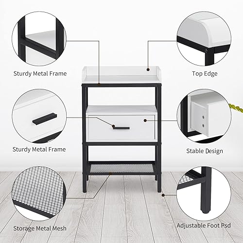 Miniatura 6 de Juego de 2 mesitas de noche, mesa auxiliar de 3 niveles con cajón y estante de almacenamiento, mesita de noche industrial con patas ajustables,