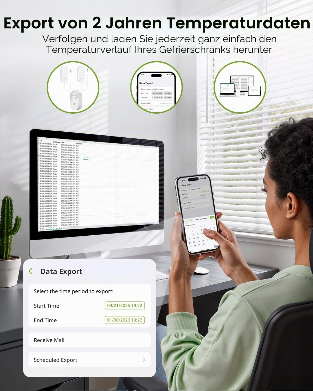 MOCREO WLAN-Thermometer, Gefrierschrank-Alarm, E-Mail-Benachrichtigung, App-Benachrichtigung, Datenaufzeichnungsexport, keine Abonnementgebühr, kabelloser Temperatursensor für Kühlschrank,