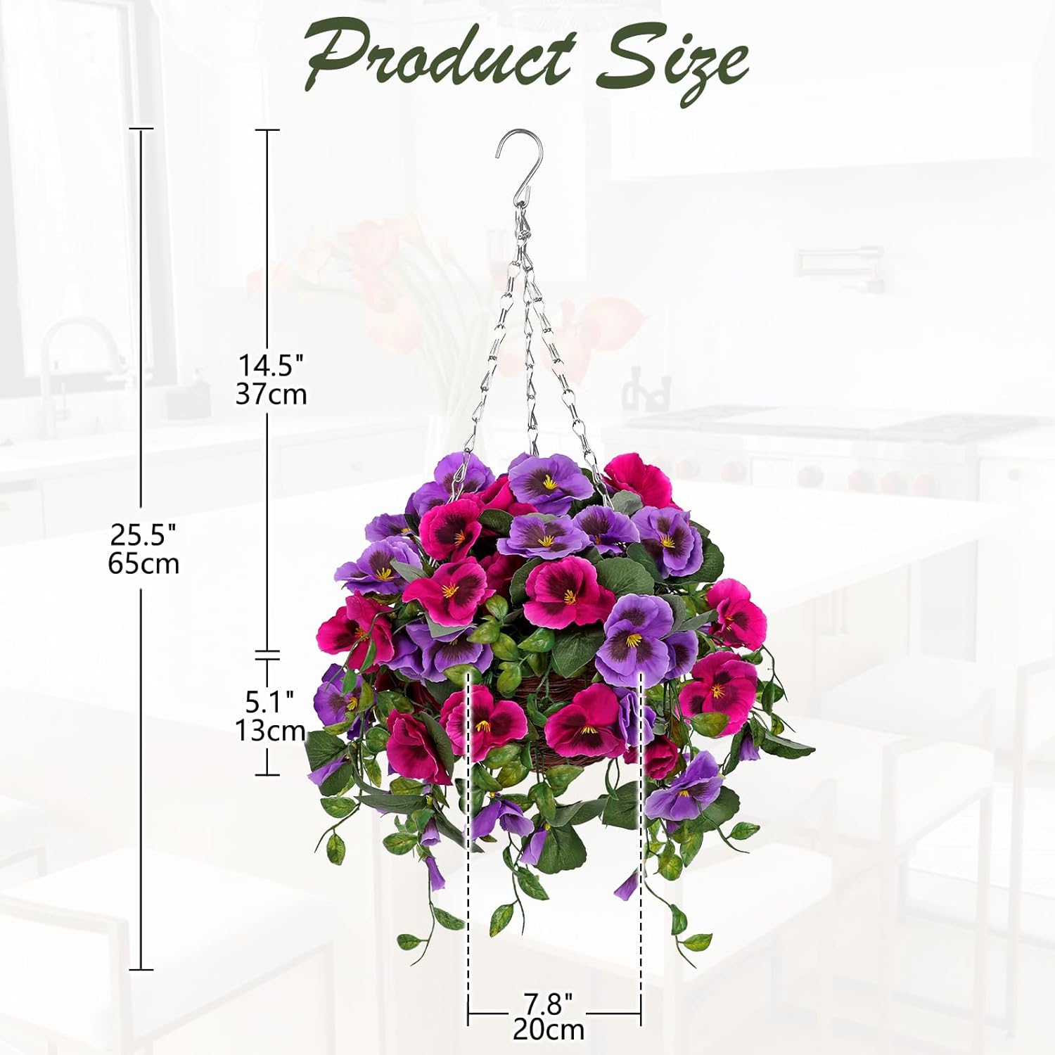 Briful Artificial Hanging Basket Pansy Flowers Outdoor – 25.5” UV-Resistant Hot Pink & Purple Hanging Plant with 15.3” Full Bloom Ball, Trailing Faux Flowers for Porch, Balcony, Patio & Garden Decor