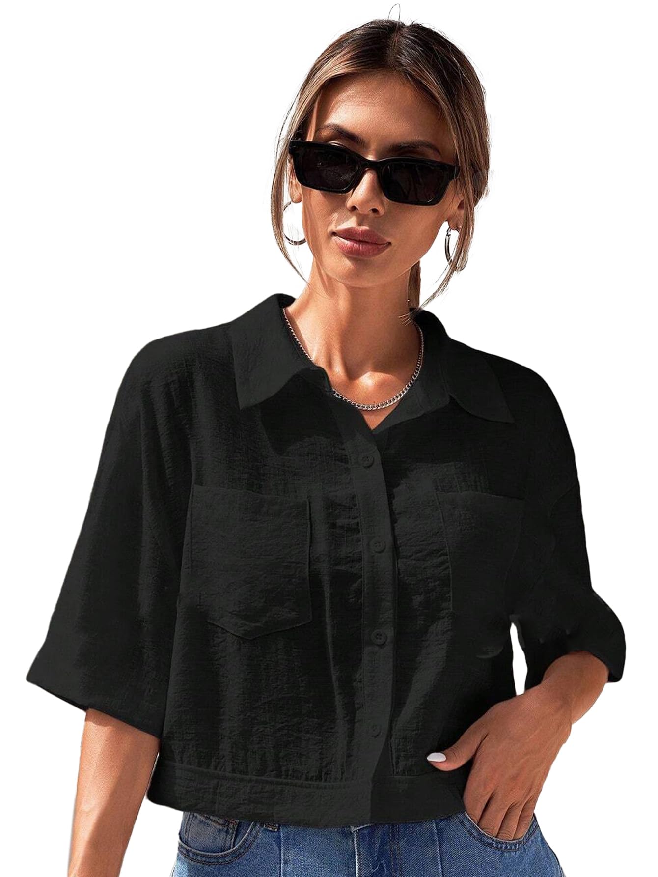V-Collar Solid Crop Shirt for Women with Half Sleeves