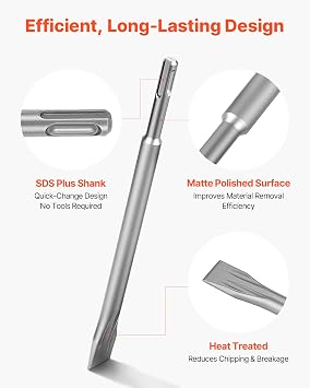 VEVOR SDS Plus Chisel Set, 3 pcs SDS Plus Rotary Hammer Drill Attachments, Includes Point, Flat, Angled Spade Chisels, Heat Treated 40Cr Alloy Steel, Sharp Edge for Demolition, Concrete and Brick
