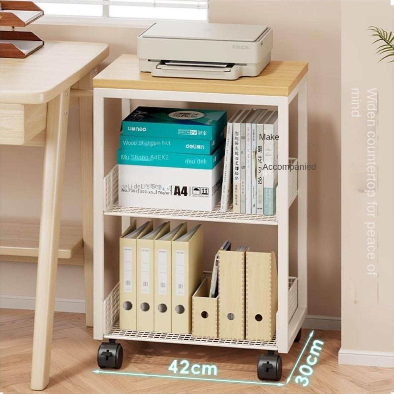 Tavolo per Stampante Supporto for Stampante Portatile da Pavimento, Organizer for File, Archiviazione in Ufficio Supporto per Stampante(White,42x30x42cm)