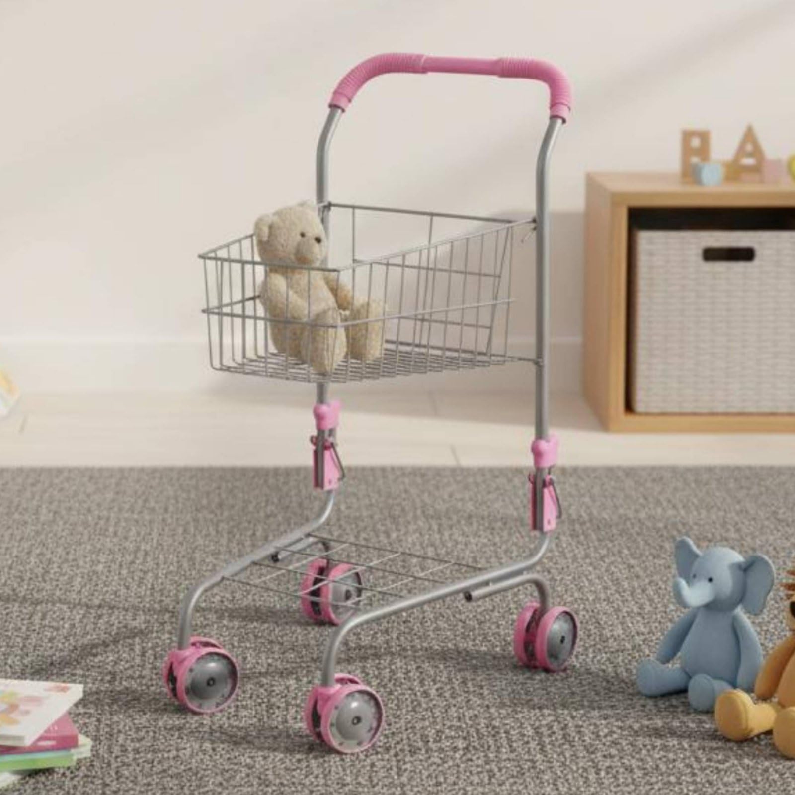 Spielzeug-Einkaufswagen aus Metall realistisches Design Mini-Supermarktwagen einfache Montage Puppen-Einkaufswagen mit Sitz für Kinderzimmer