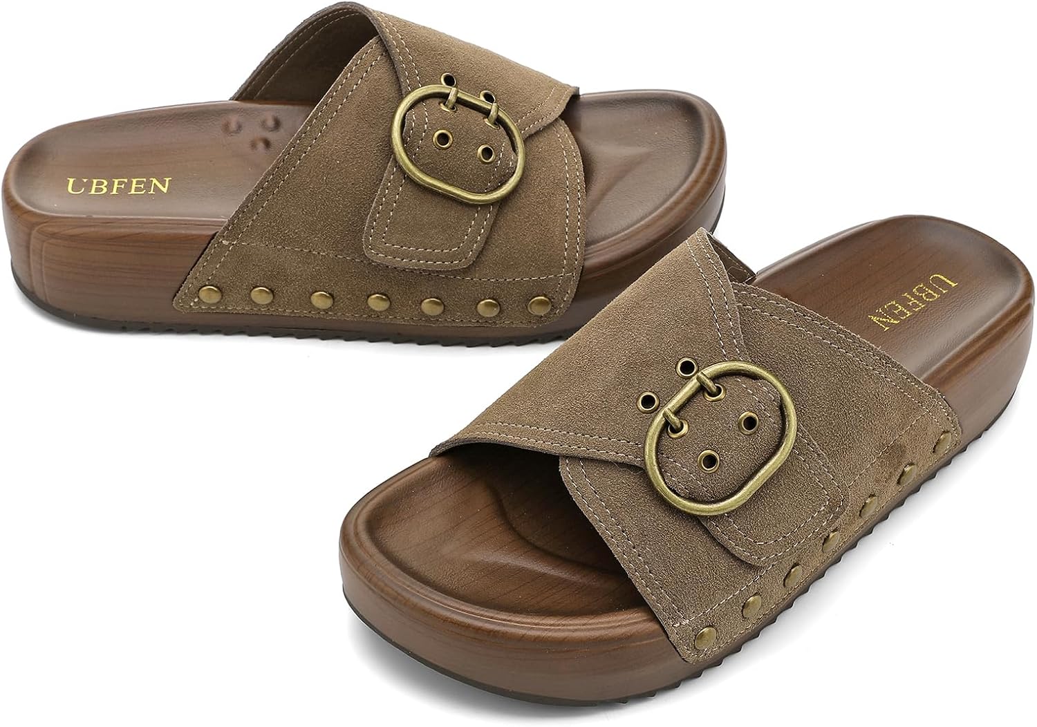 UBFEN Womens Platform Sandals Slides Genuine Leather Adjustable Buckle and Cushion Footbed Comfortable Slip On Retro Shoes - Image 3