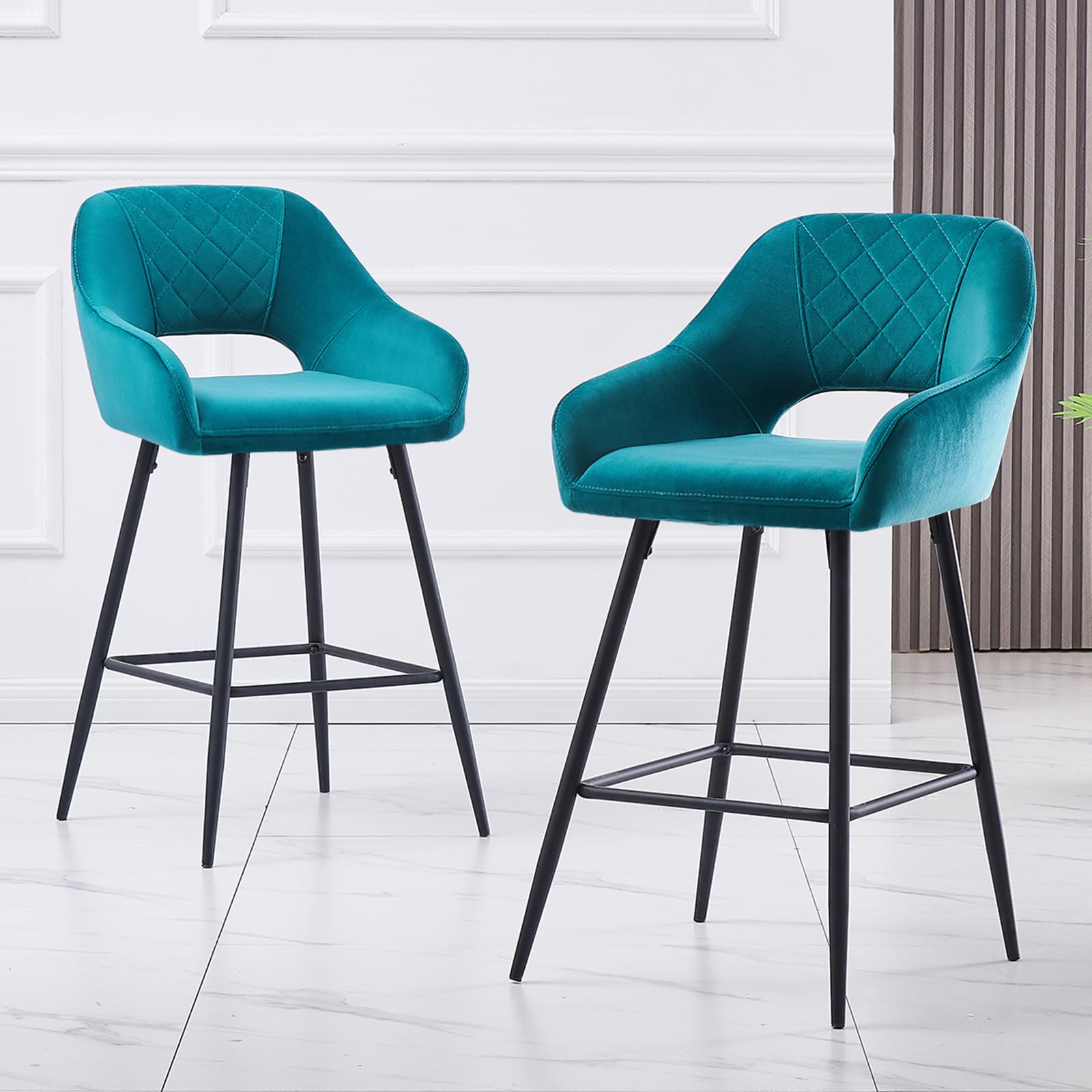 ZOONFA Set of 2 Bar Stools with Backs Velvet Kitchen Stool Sets Upholstered Bar Chairs for Kitchen Island Counter Dark Teal
