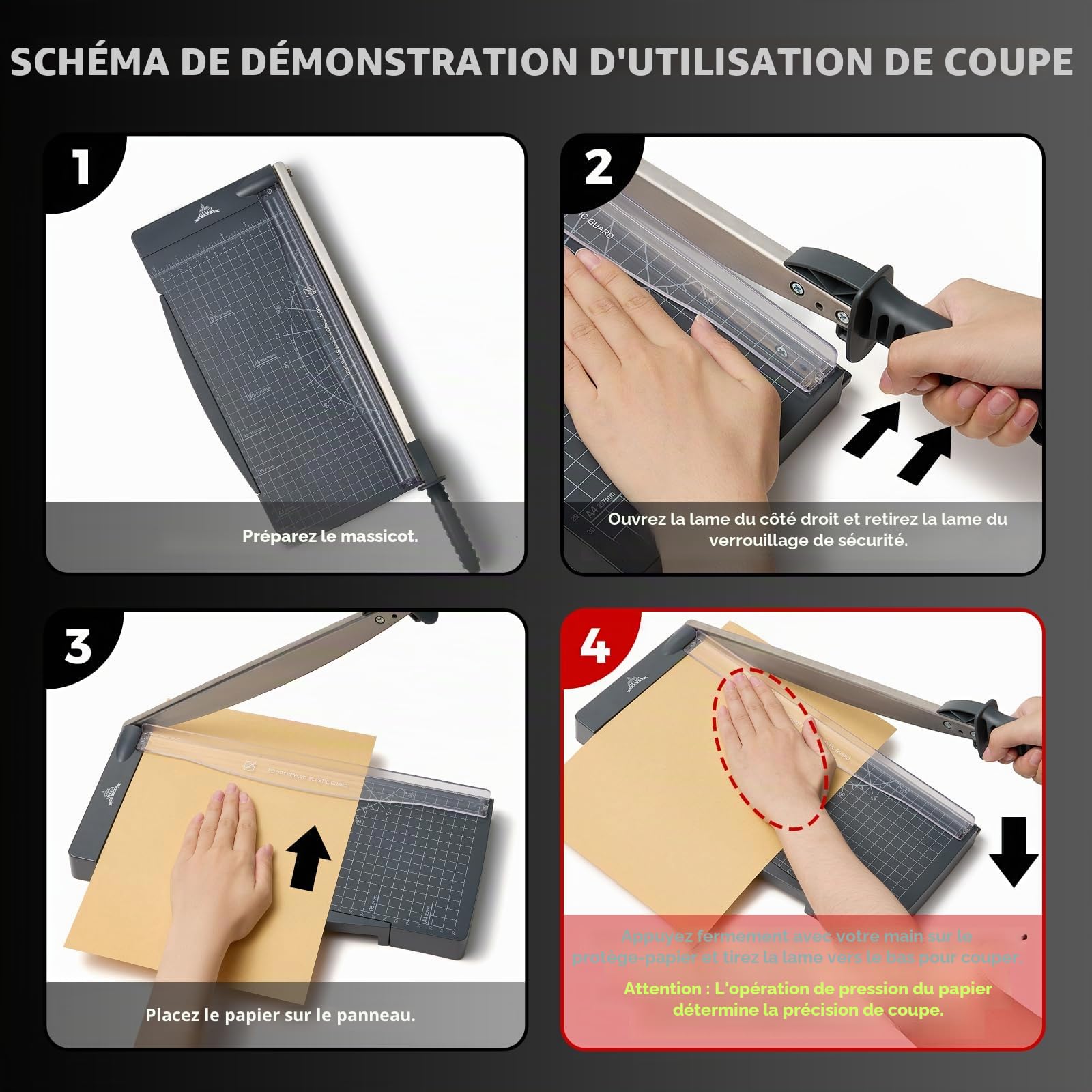 Massicot A4 Outil de Scrapbooking avec Protection de Sécurité et Verrouillage de la Lame Couper Papier et Photo，Coupe Papier à Guillotine Peut Couper jusqu'à 10 Feuilles（Gris foncé）