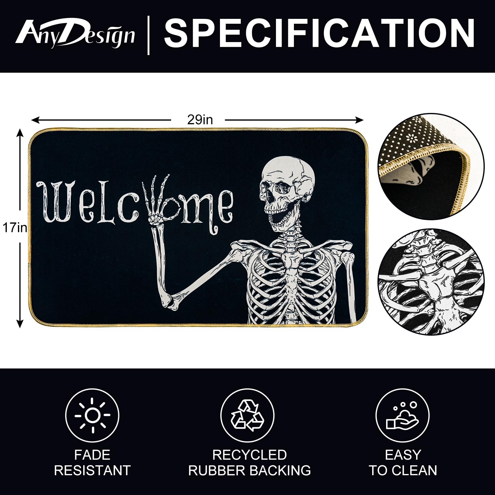AnyDesign Halloween Welcome Doormat Non-Slip Skeleton Felt Front
