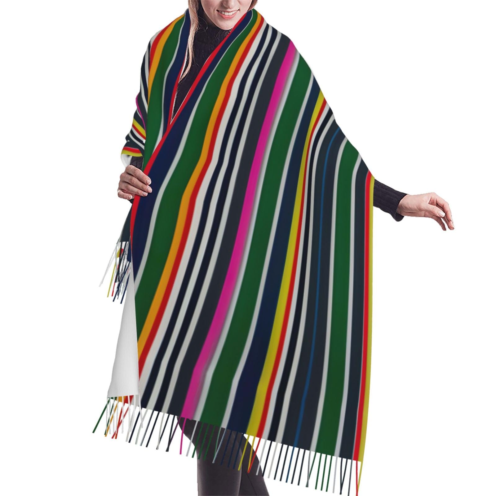 ssnmuk Colorful stripes print Imitation Cashmere Warm Tassel Scarf - Stylish Tassel Shawl for Women, Soft Cozy