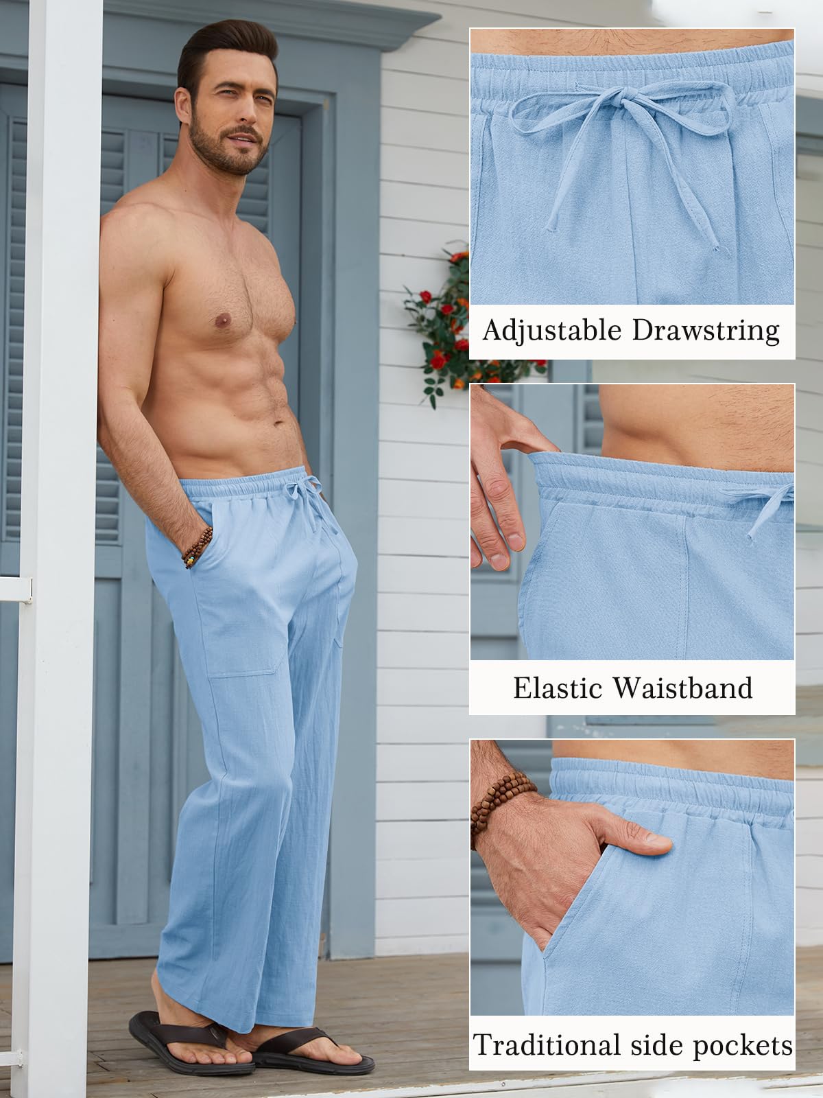 Pantalón Lino Hombre Verano de Mezcla Algodón y Lino Ligero Transpirable con Cintura Elástica Cordon y Bolsillos Pantalones de Lino Hombre Corte Largo
