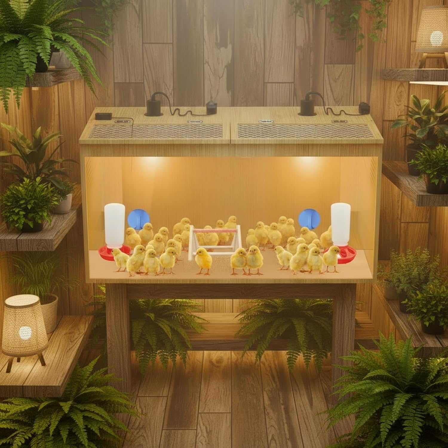 Brooder Box for Chicks, 32 Inch Large Wooden Chicken Brooder Box with 75W Heat Lamps, Thermometer, Chicken Feeder & Waterer Set, Tin Foil, Ideal for 12-15 Newborn Chicks Ducks Quails, Large