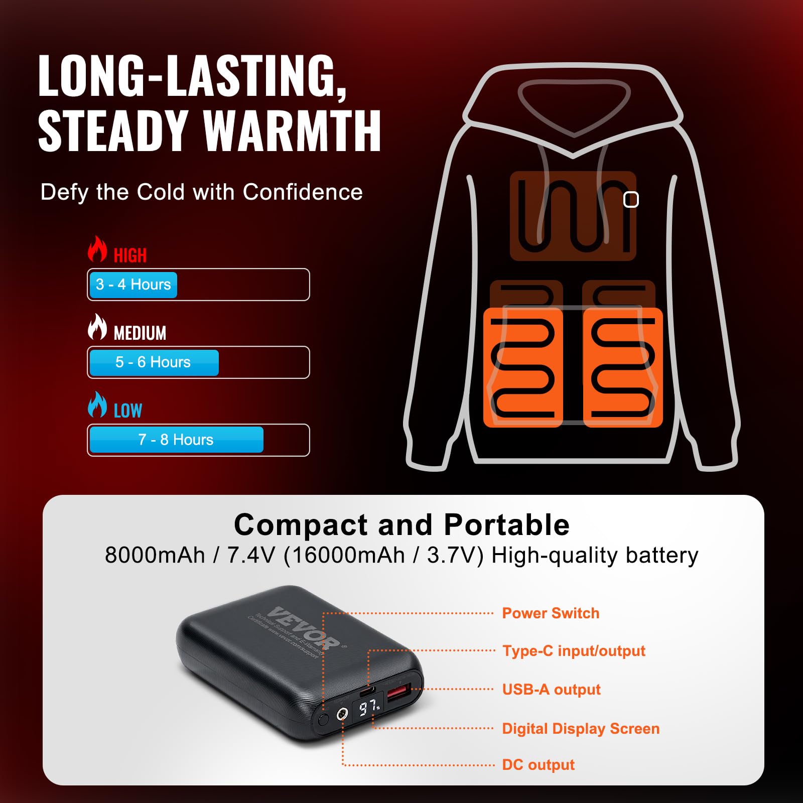 VEVOR Mannen Vrouwen Unisex Elektrische Verwarmde Hoodie met 7.4V Externe Batterij 5 Verwarmingszones Warm Lichtgewicht Fleece Gevoerd voor Camping Outdoor, XXL, Zwart