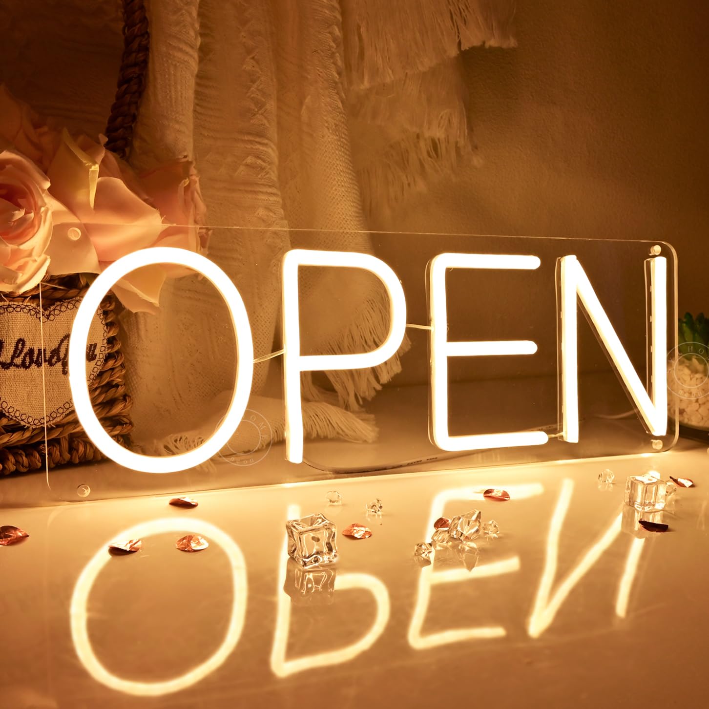 SYLHOME Insegna con luce al neon a LED aperta per ufficio, negozio, bar, pub, finestre, decorazione per salone, hotel, ristorante, porta, decorazione, 40 x 14 cm, USB bianco caldo