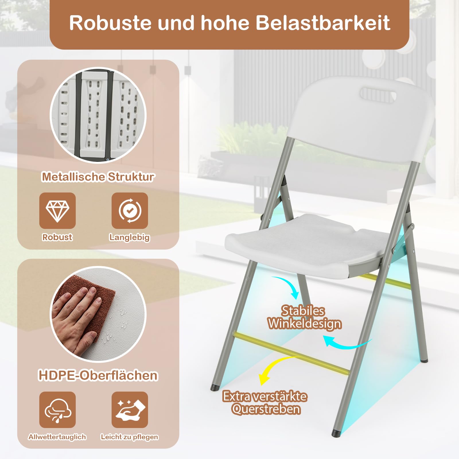 COSTWAY Krzesła składane zestaw 4 sztuk, krzesła dla gości z metalową ramą i uchwytem do noszenia, na imprezy, wesela, nośność 160 kg, kolor biały