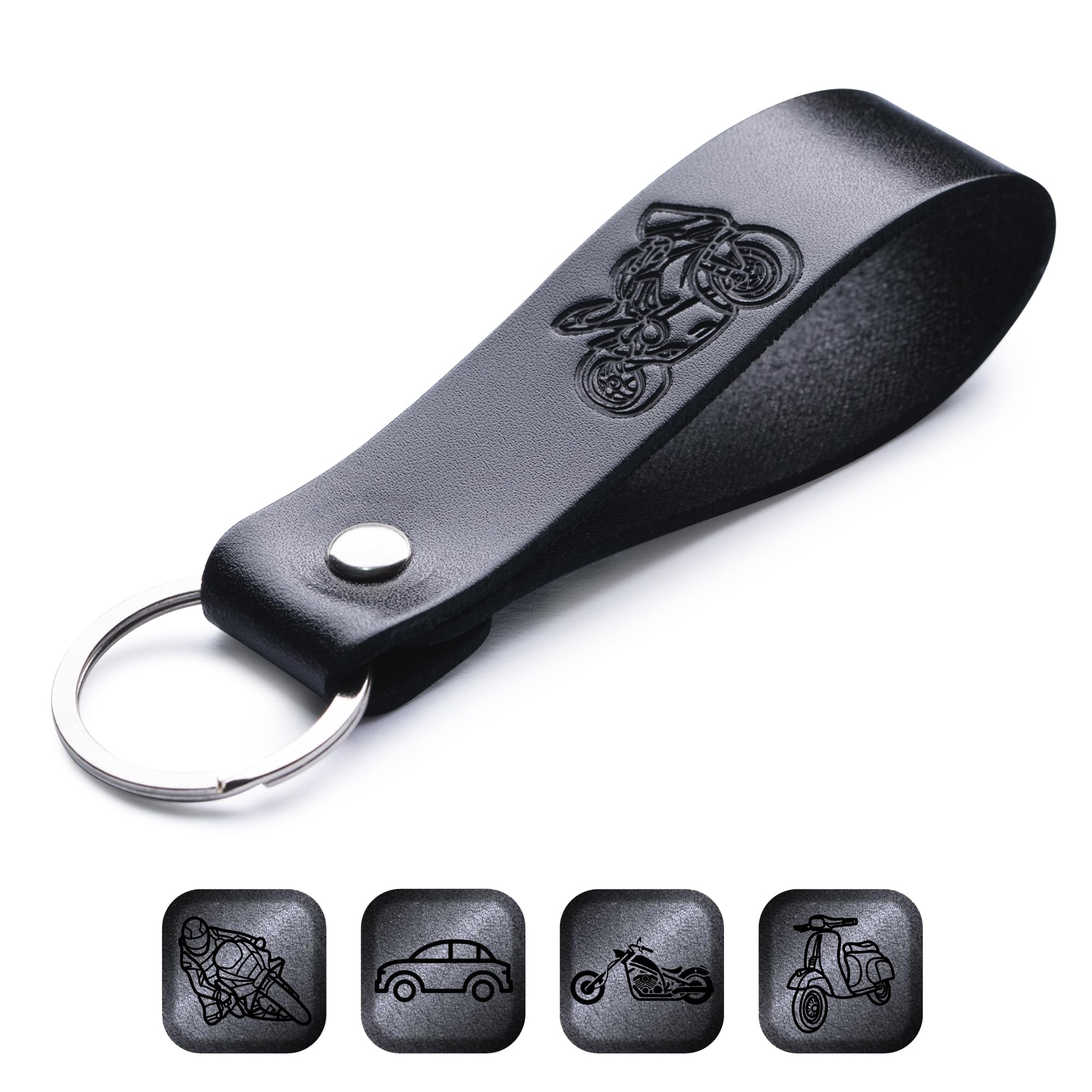MAGOR Leather Keyring – Sustainable Gift with Hot Embossed Message for Your Loved One, Perfect for Men & Women, Handmade Full-Grain Leather (Motorbike)