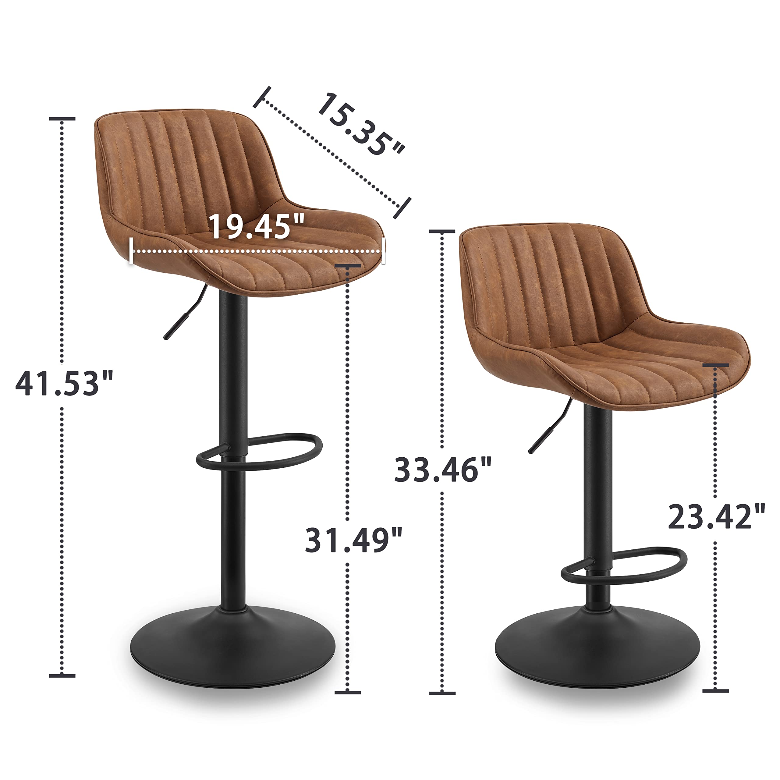 Volans Bar Stools Set of 2, Mid Century Modern Faux Leather Swivel Adjustable Height Bar Stool, Counter Height Pub Bar Chair with Back, Black Powder Coated Base, Yellow Brown