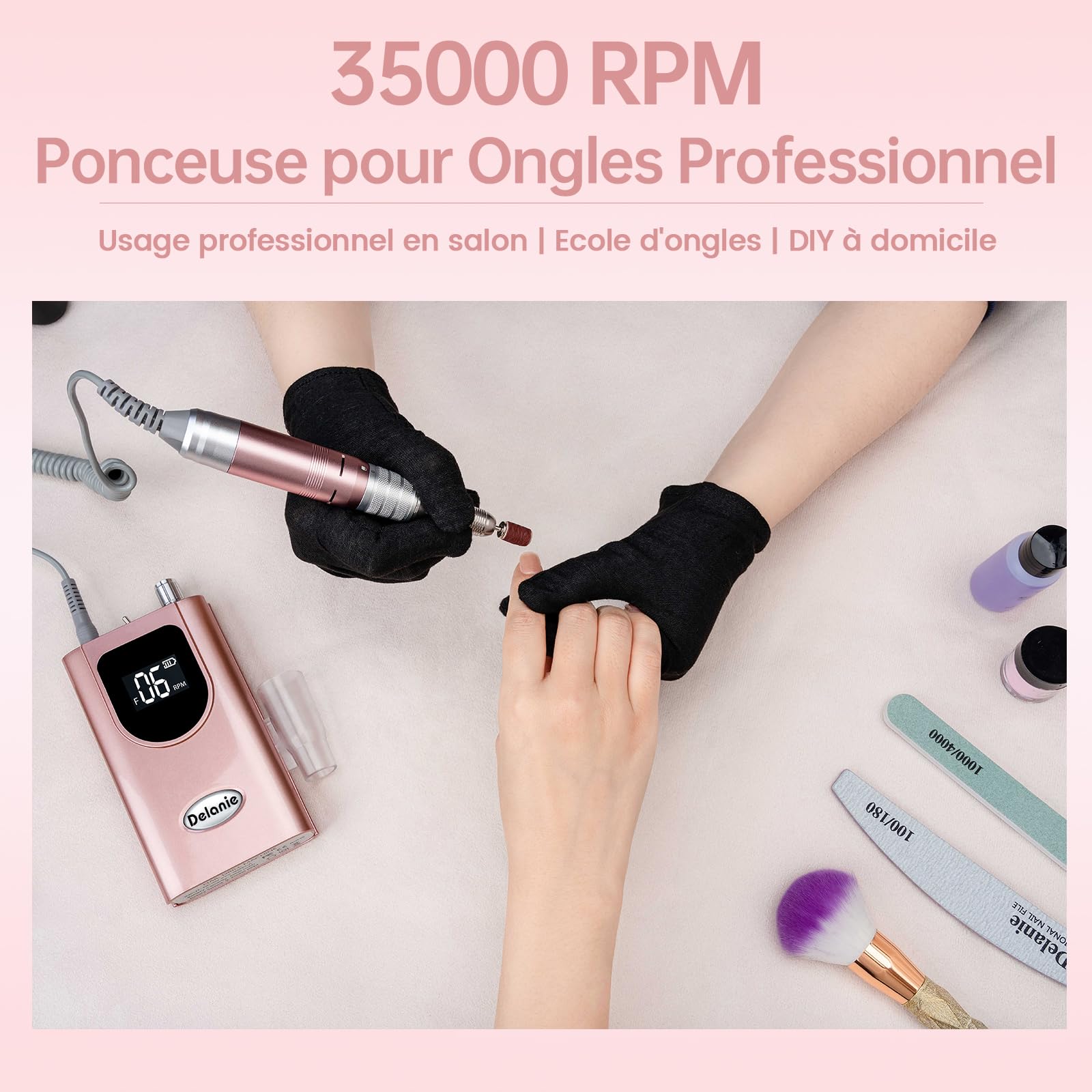 Delanie Ponceuse pour Ongles Professionnelle 35000 RPM Portable Rechargeable Avec Affichage LCD et 6 Embouts Ponçage pour Pédicure Manucure, Puissante, Silencieuse pour Salon/Maison