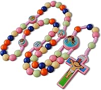 Vista 1 de Cuentas de madera multicolor con oración de San Petersburgo con Rosario de cuerda de Natividad para niños