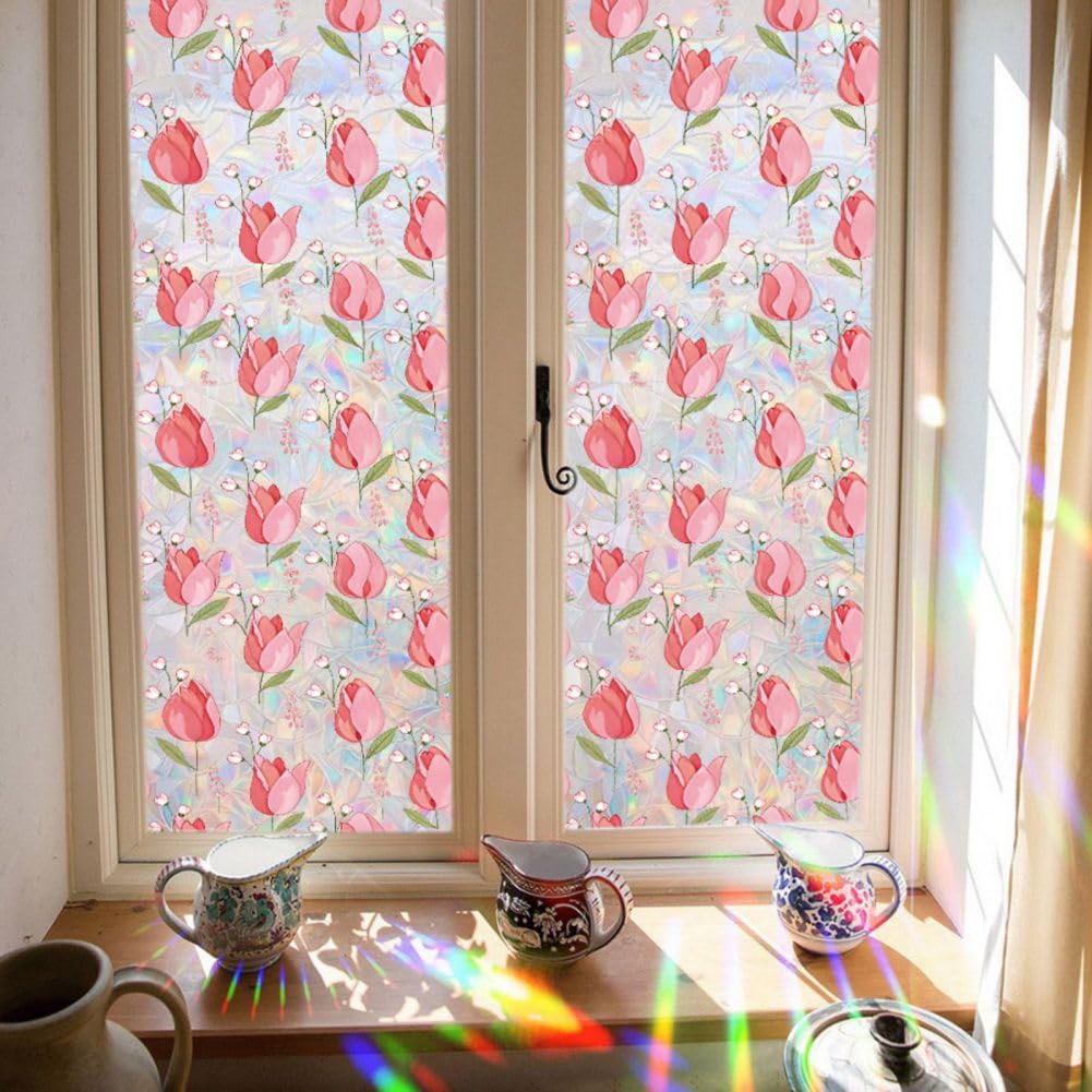 Maritown Stained Glass Window Film Privacy Film for Glass Windows Static Cling Rainbow Glass Film Floral Pattern Decorative Stickers for Living Room Bedroom Kitchen (Floral 5#, 45x100cm)